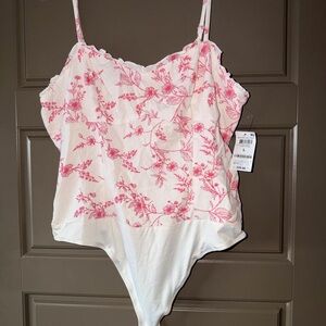 White & Pink Floral Lace-Trim Camisole Bodysuit
